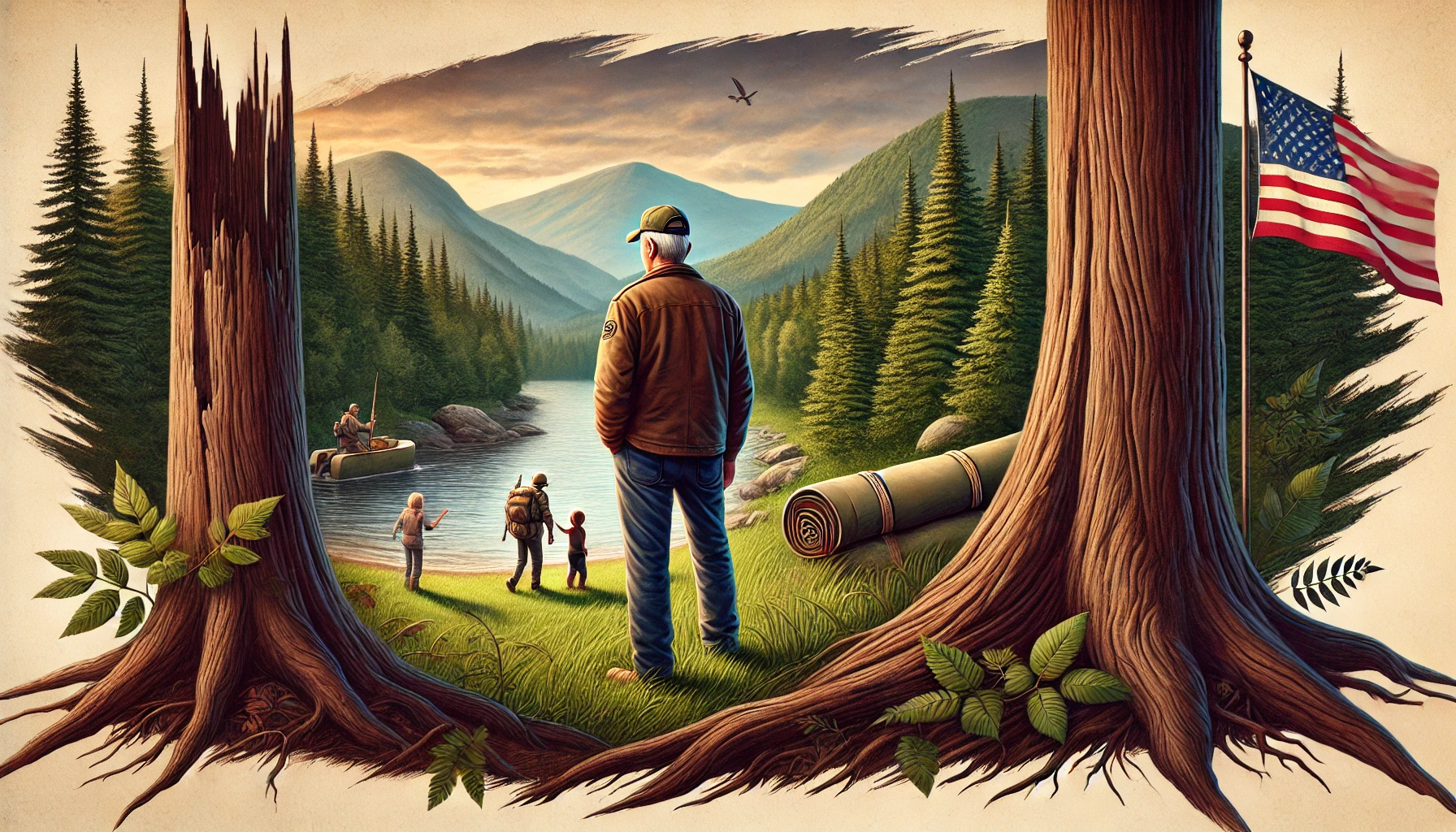A veteran standing at the edge of a peaceful, dense forest in the Adirondack Mountains. The scene shows a sense of longing and solitude, with the person gazing into the wilderness. In the background, a serene and quiet landscape of mountains and trees is depicted. Nearby, two playful children are seen, representing the veteran's reason to stay rooted. The image should convey a sense of internal struggle and peace, with elements of nature and family. The veteran's expression should reflect a mix of contemplation and resolve, hinting at memories and the challenge of facing the future.