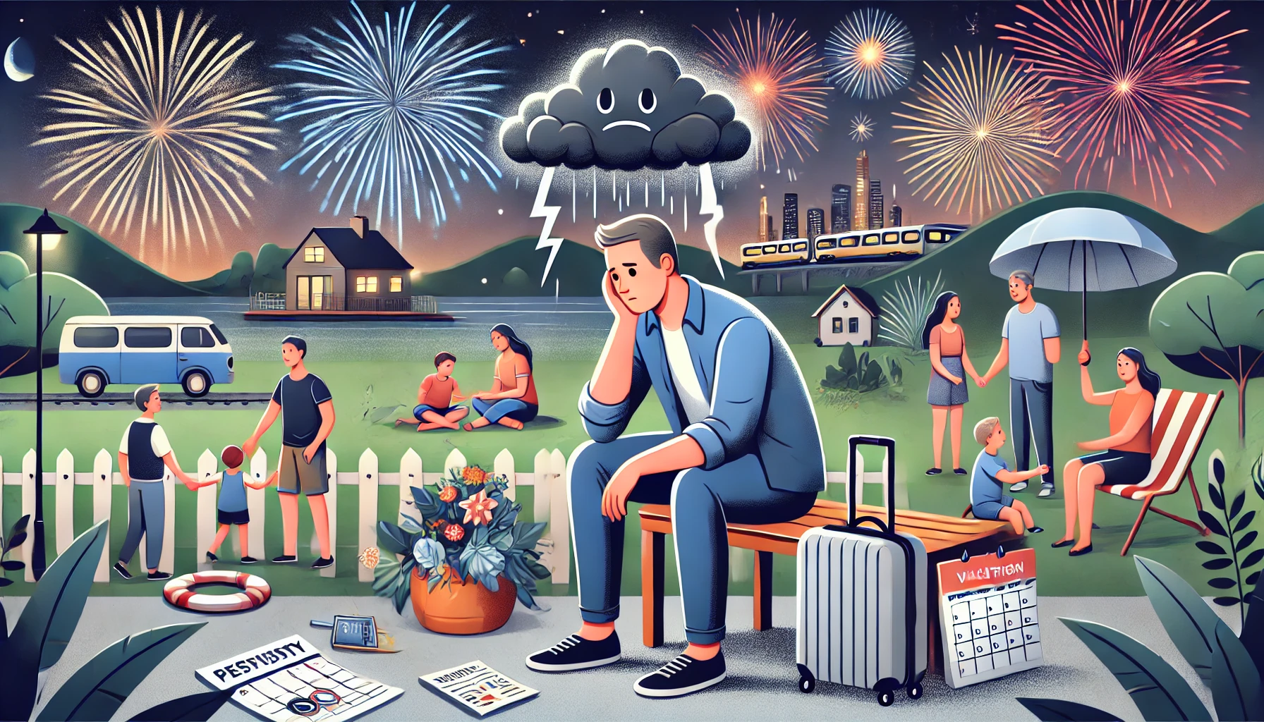 A person sitting alone at night, looking contemplative and anxious. The background features a small town with fireworks in the sky, a peaceful family gathering with children playing, and elements of a mini vacation like a suitcase and a serene scenic spot. The person has a storm cloud over their head, symbolizing anxiety and overthinking, while the background shows loud noises like a train horn and unexpected fireworks causing visible stress. The scene also includes scattered notes and a calendar to depict short-term memory issues. The overall atmosphere is a mix of calm surroundings with an underlying sense of tension and unease.