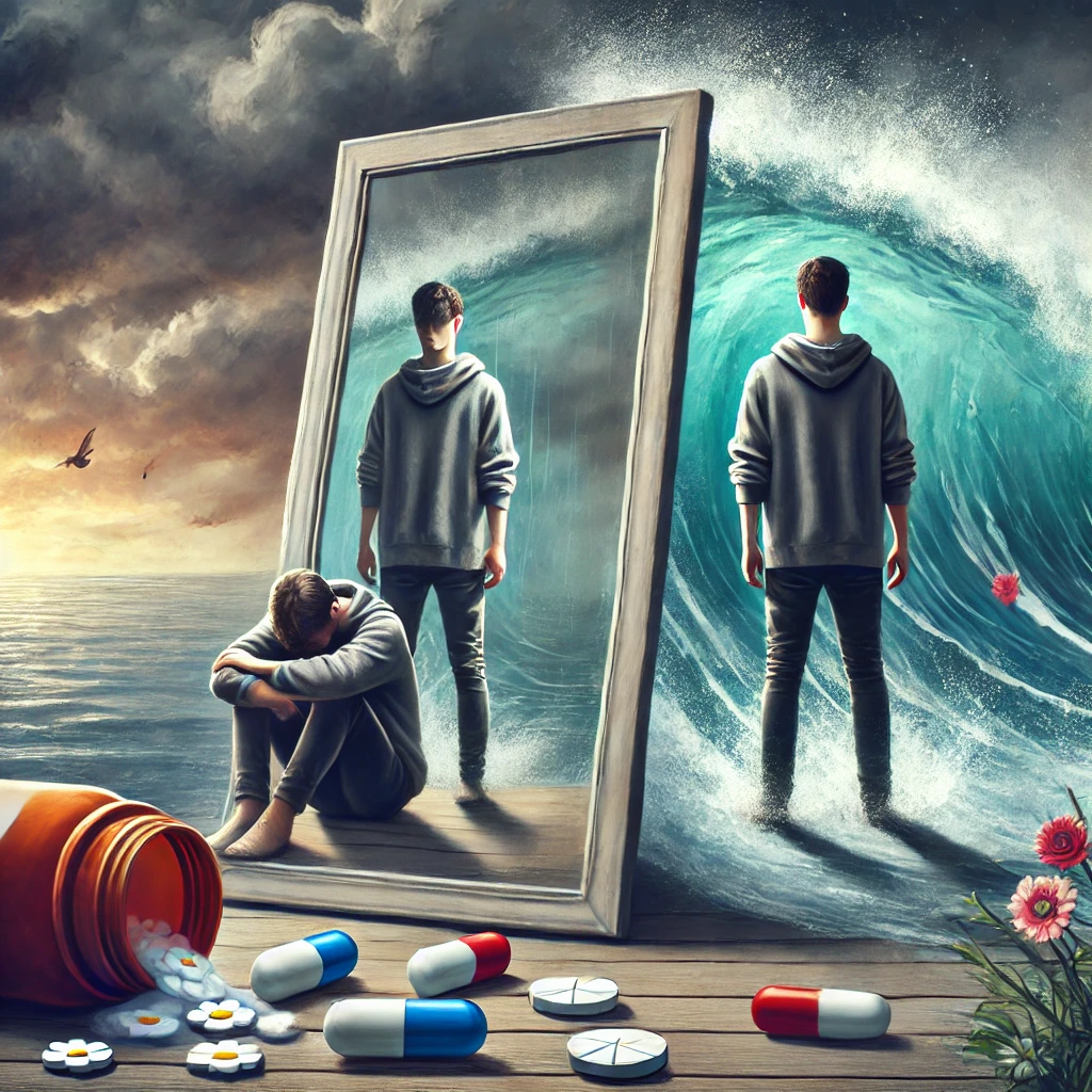 A person standing in front of a mirror with a reflection that is blurred and fragmented, symbolizing confusion and self-doubt. The background depicts turbulent water on one side, representing days of feeling overwhelmed and drowning, while the other side shows a calm, clear sky, symbolizing days of feeling more in control. The person appears torn between these two worlds, with expressions of fatigue and determination. In the foreground, there are scattered medications, hinting at the struggle with reliance on them. Overall, the image conveys a sense of internal conflict and the search for identity and stability.