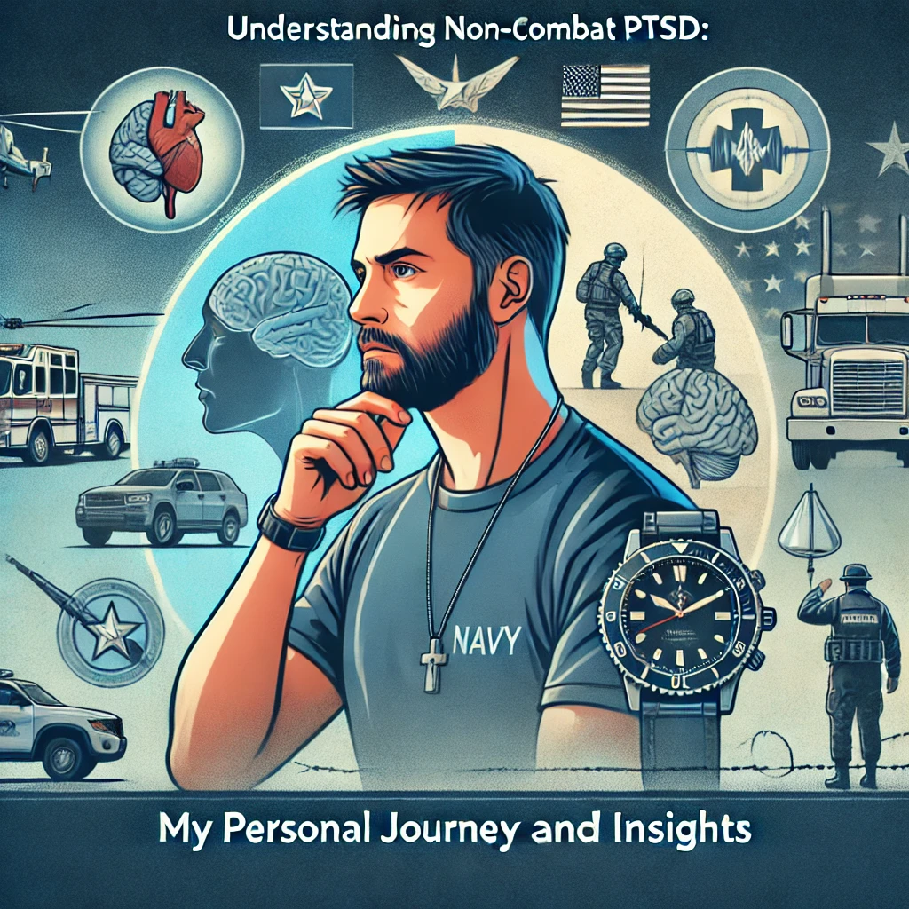 A summary image for a blog titled 'Understanding Non-Combat PTSD: My Personal Journey and Insights'. The image should feature a Navy veteran looking reflective and thoughtful, with a calm and contemplative color palette of blues and grays. In the background, there should be symbolic representations of PTSD, including a split scene showing an accident, a physical assault, and the death of a fellow soldier. Also include symbolic elements like a brain, a heart, and a clock to represent the mental, emotional, and time-related aspects of PTSD. The title of the blog should be prominently displayed in a clear, readable font.