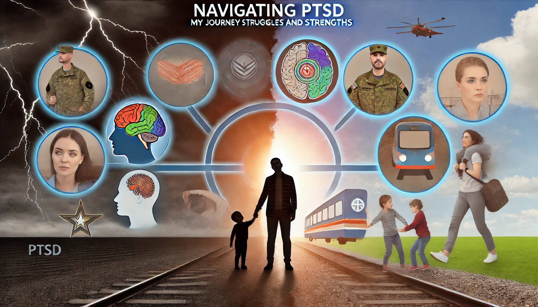 A visual representation of a person's journey through PTSD, showing a range of emotions and experiences. The background features a split scene: one half showing a dark, stormy sky symbolizing the struggles and internal battles, and the other half depicting a bright, calm sky representing moments of strength and hope. The person is standing in the center, looking contemplative, with a slightly transparent overlay of various images such as a brain with pathways, children playing, a train with someone standing backward, and therapy sessions. Include elements like a military symbol or badge to signify the person's service and a protective, nurturing figure holding hands with children. Text at the top reads 'Navigating PTSD: My Journey Through Struggles and Strengths.'